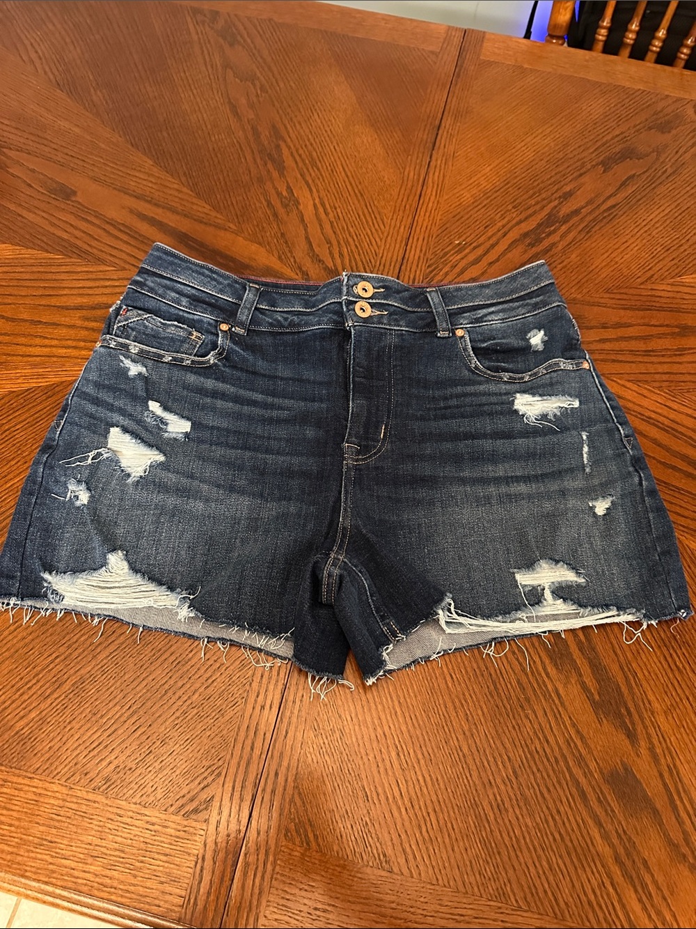 High-Rise Distressed Dark Blue Jean Shorts